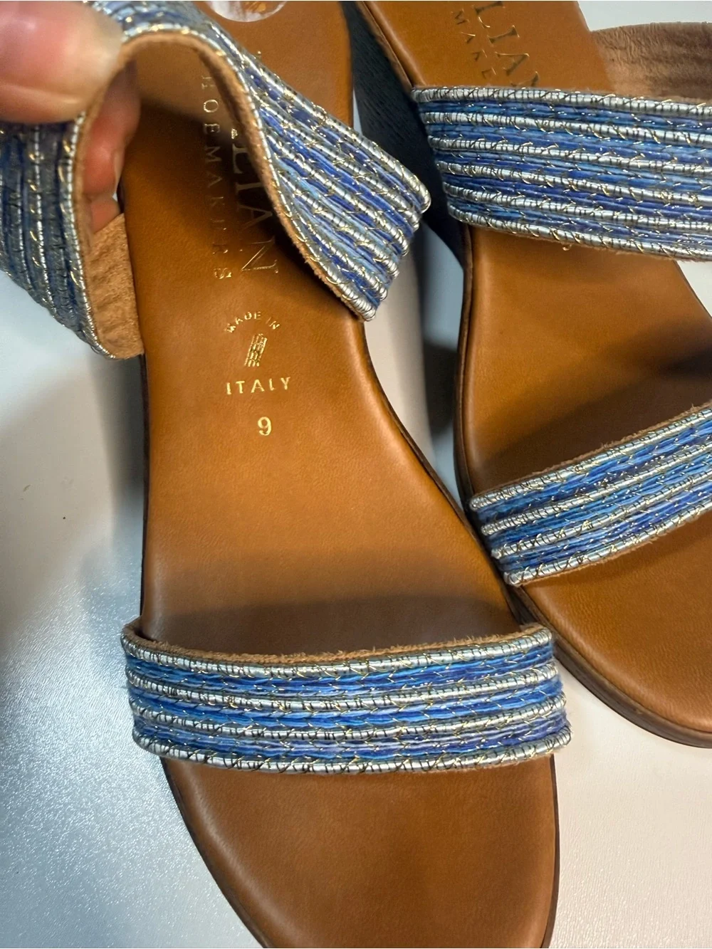 Italina Blue Striped Fabric Wedge Sandals